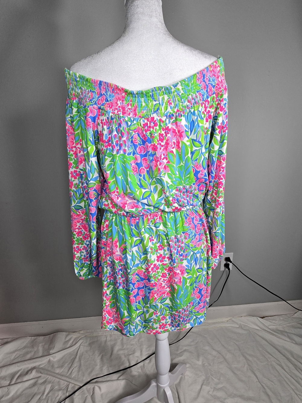 Lilly Pulitzer Off-Shoulder Floral Dress in Pink, Blue & Green - Picture 5 of 12